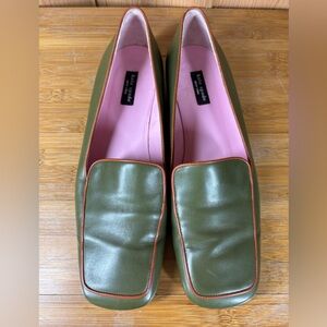 Kate Spade NY Olive Green Leather Square Toe Loafer Shoes W Contrast Trim  Sz 7B